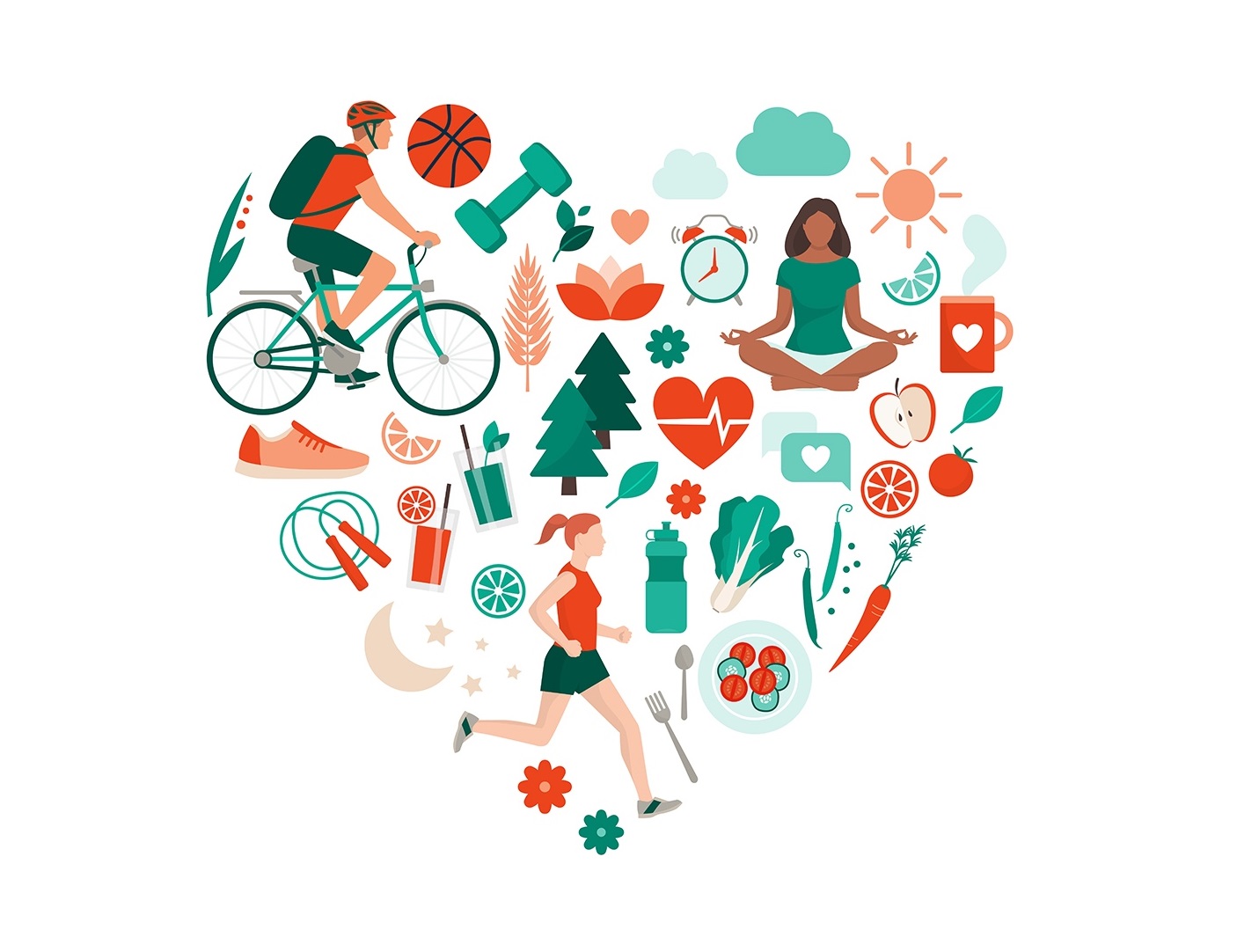 Healthy lifestyle and self-care concept with food, sports and nature icons arranged in a heart shape